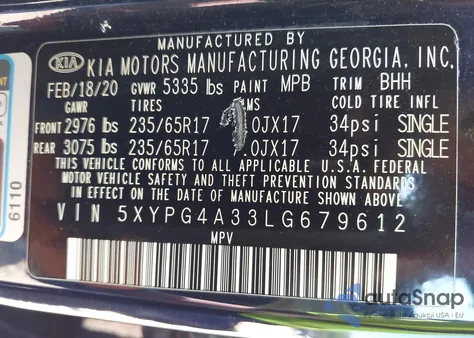 2020 Kia Sorento 2.4L Lx z USA, uszkodzony, nr VIN 5XYPG4A33LG679612